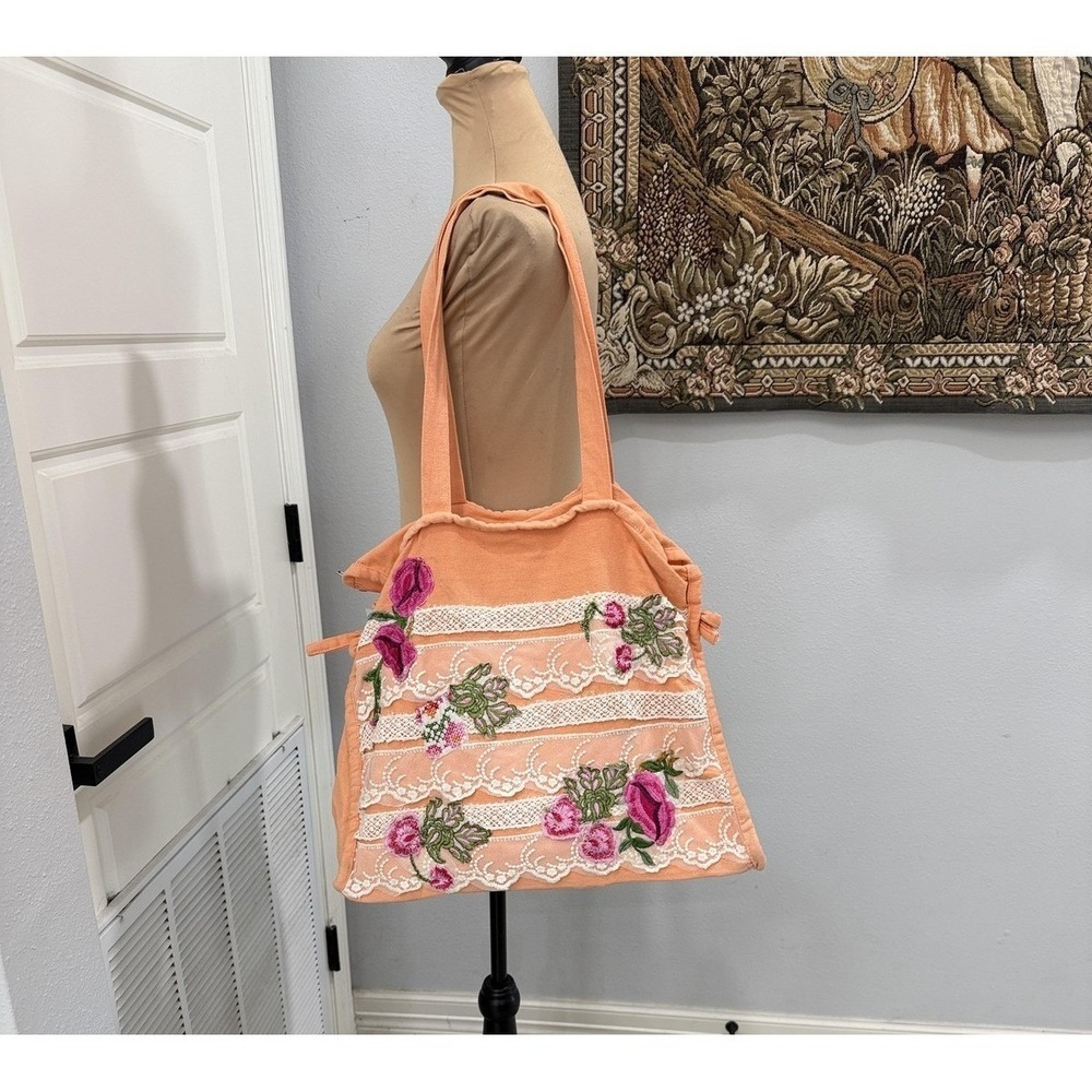 Antica Sartoria Tote Bag Womens Large Coral Floral Lace Embroidered Cotton Purse